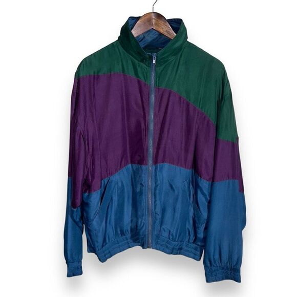 80s Athletic Works 100% Silk Colorblock Windbreaker Size M - Picture 1 of 9
